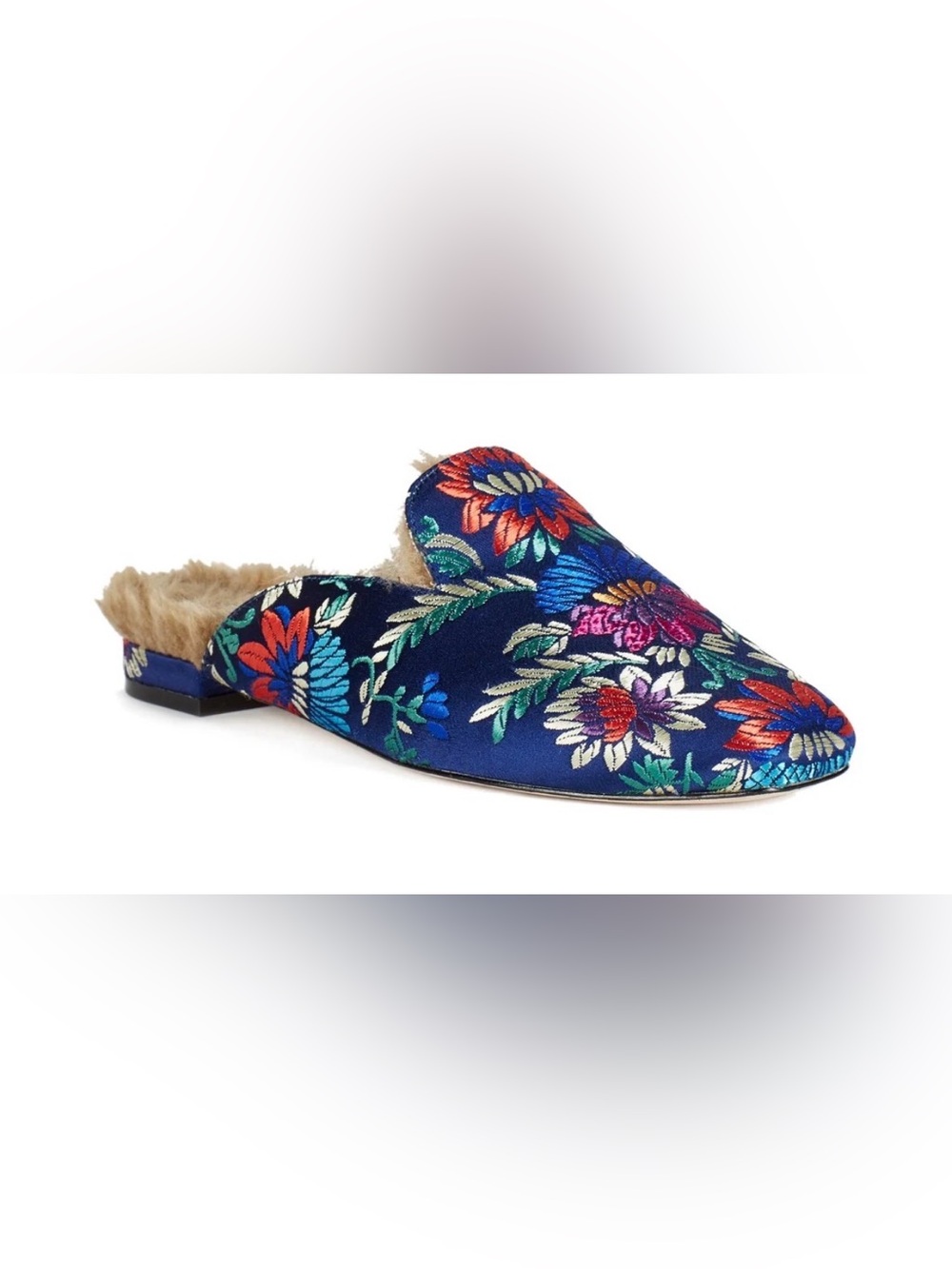 Joie Jean Floral Embroidered Brocade Faux Fur Lined Mules Slides 38 / 8
